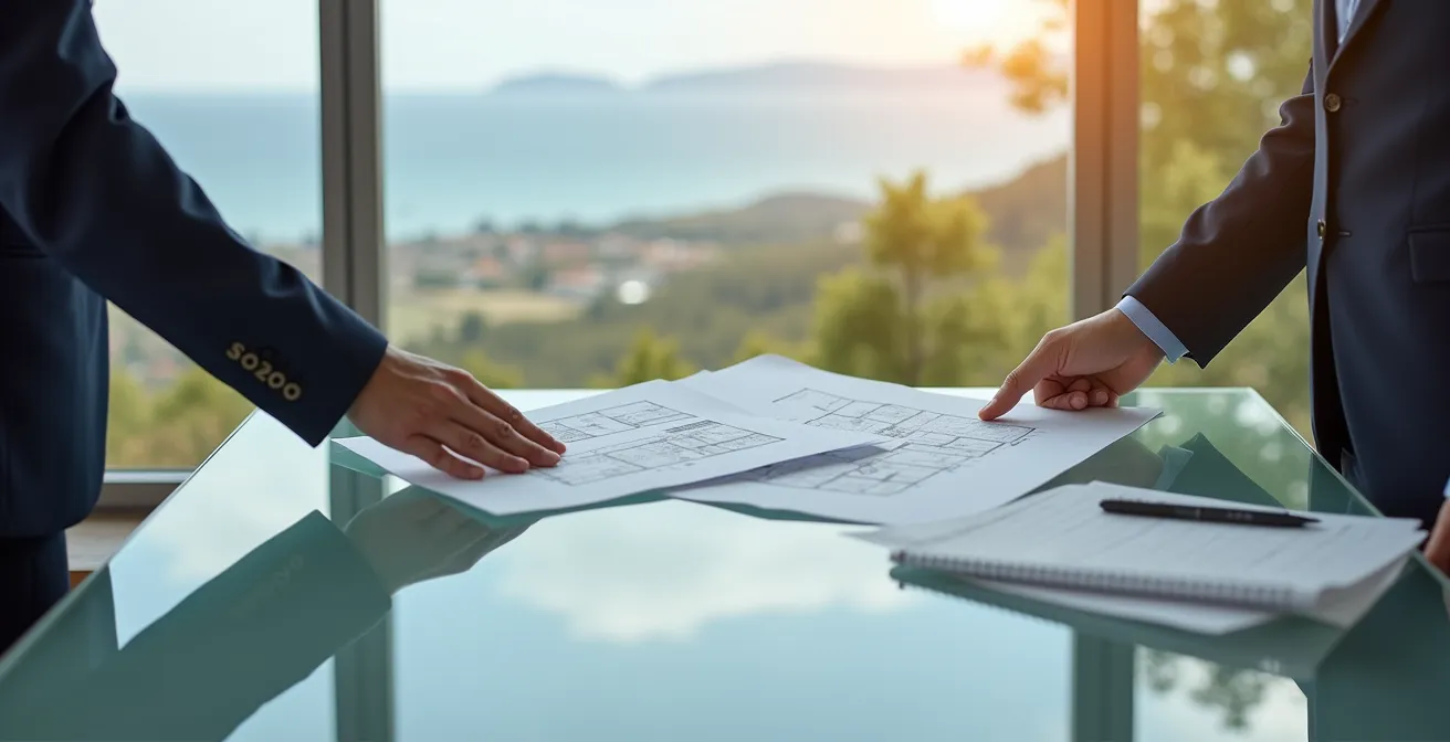 Personne étudiant des plans immobiliers avec vue sur la baie de Rosas