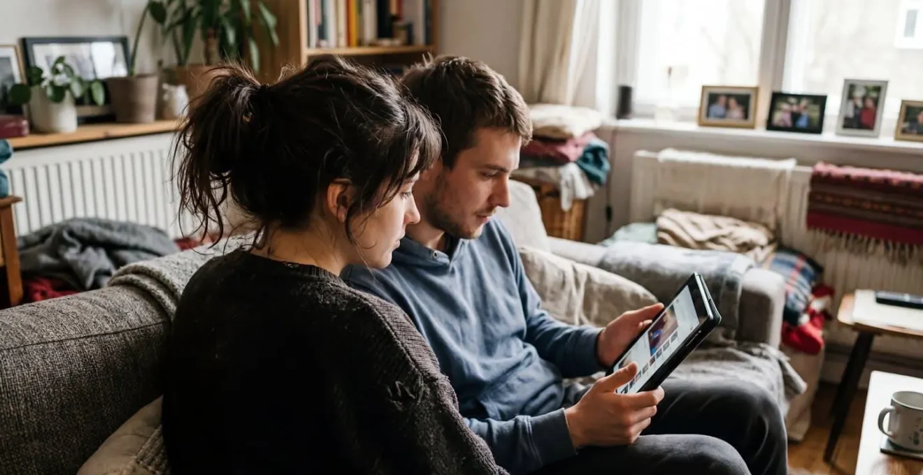 Un couple trentenaire assis sur un canapé consulte un document sur une tablette, visages de profil, concentrés
