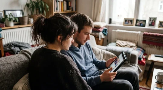 Un couple trentenaire assis sur un canapé consulte un document sur une tablette, visages de profil, concentrés