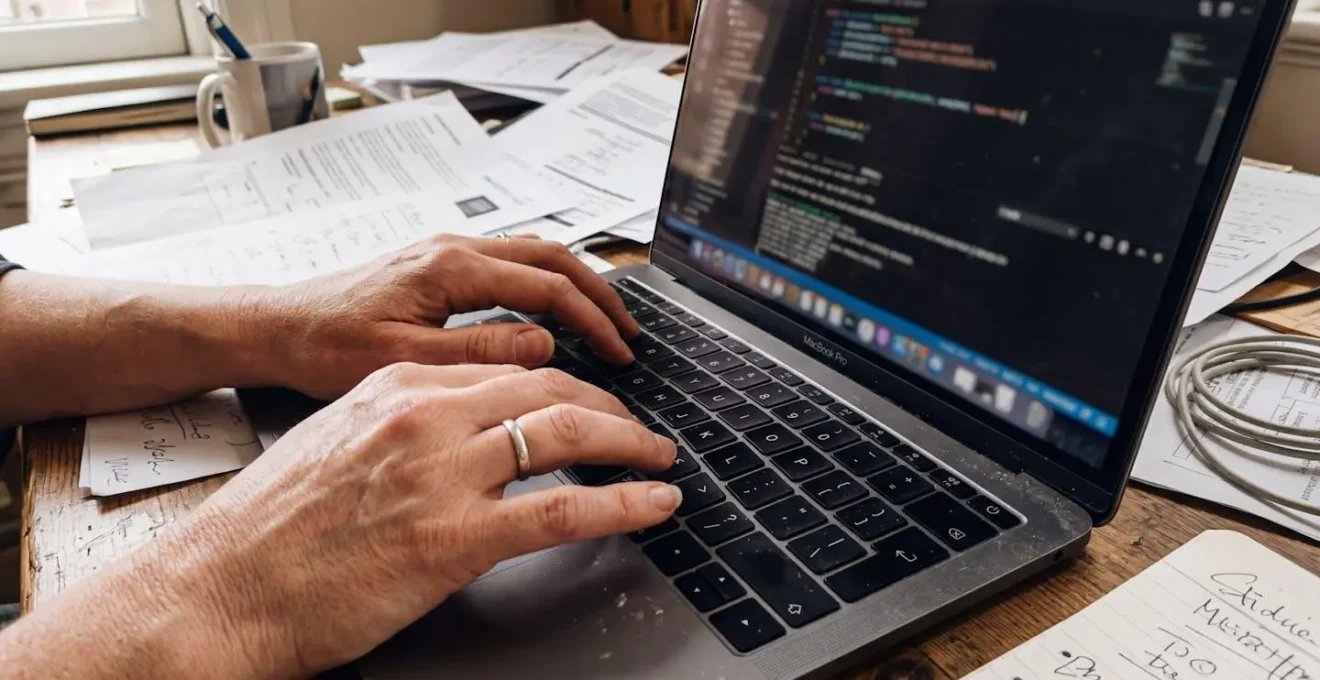 Des mains tapent sur un clavier d'ordinateur portable avec des documents papier éparpillés sur le bureau