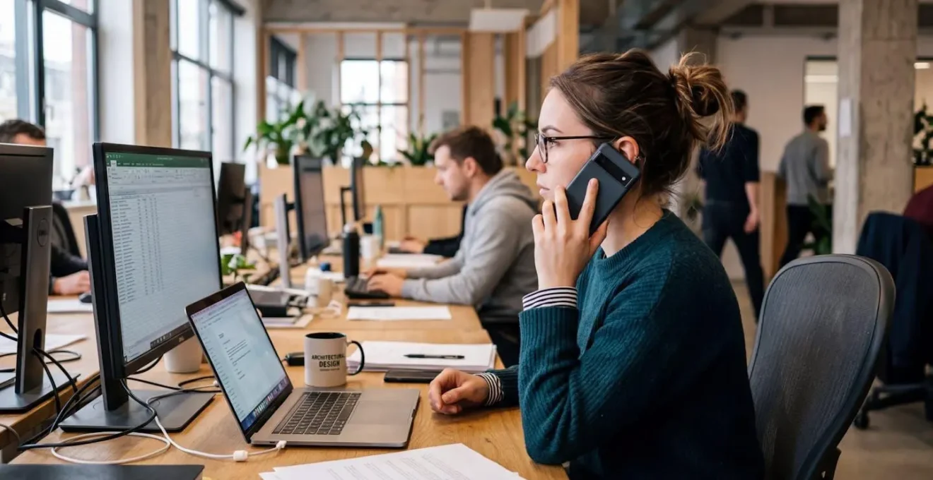 Une personne au téléphone dans un espace de travail moderne, vue de profil, expression concentrée