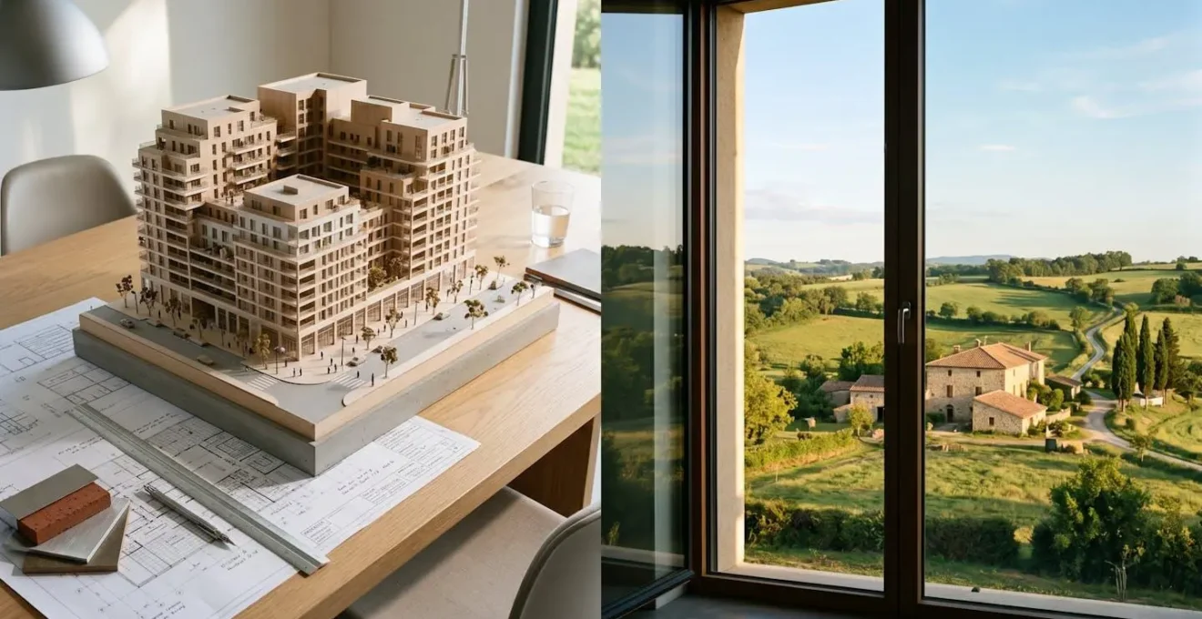 Balance ancienne déséquilibrée avec maquette d'immeuble parisien d'un côté et maison rurale de l'autre, symbolisant les écarts de prix immobiliers entre régions françaises