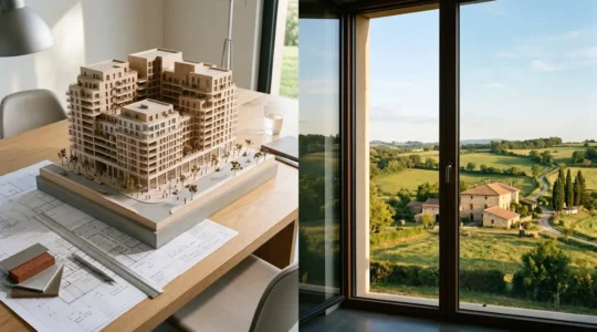 Balance ancienne déséquilibrée avec maquette d'immeuble parisien d'un côté et maison rurale de l'autre, symbolisant les écarts de prix immobiliers entre régions françaises