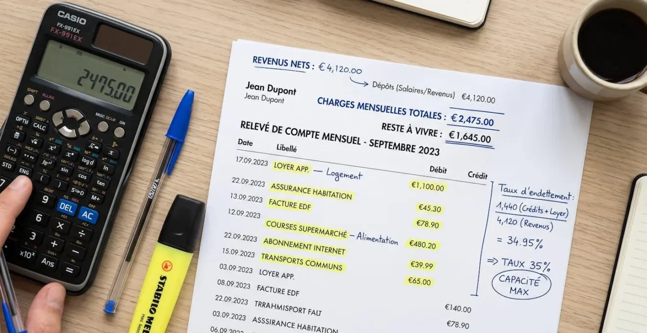 Calculatrice et relevés bancaires annotés en français montrant le calcul du taux d'endettement avec surlignage des revenus nets et charges mensuelles