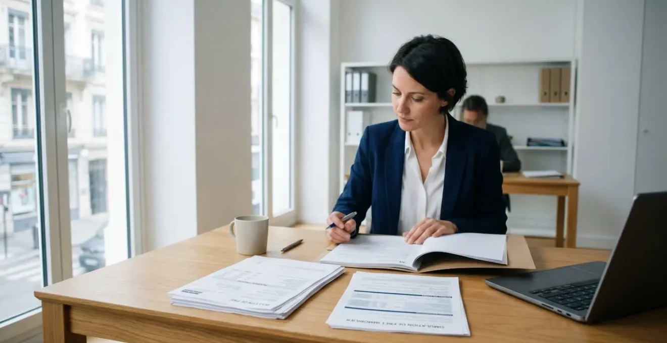 Conseiller bancaire analysant des documents de prêt immobilier sur un bureau moderne avec simulation et bulletins de salaire visibles
