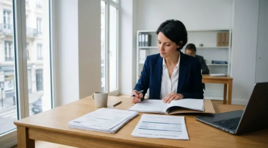 Conseiller bancaire analysant des documents de prêt immobilier sur un bureau moderne avec simulation et bulletins de salaire visibles