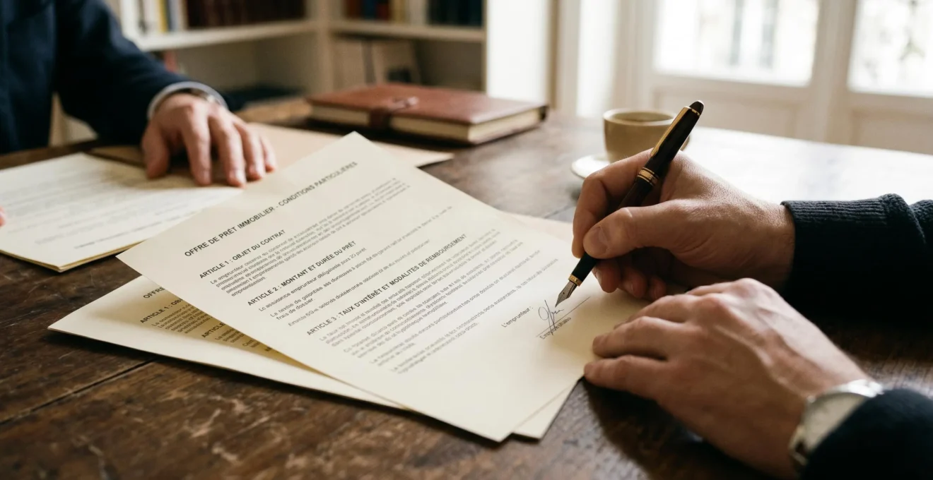 Mains signant une offre de prêt immobilier avec documents contractuels officiels en français sur un bureau