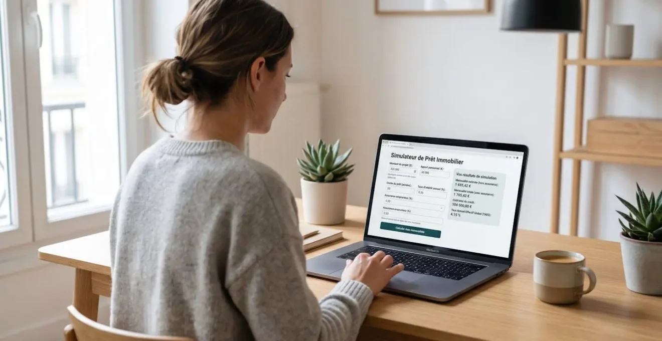 Personne utilisant un simulateur de prêt immobilier en ligne sur ordinateur portable avec interface en français affichant les résultats de simulation