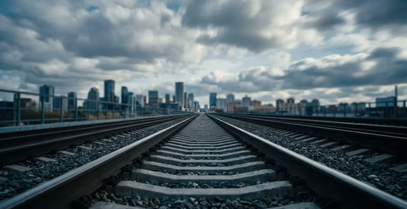 Rails de train à grande vitesse en contre-plongée convergeant vers une ville moderne à l'horizon, symbolisant l'impact des infrastructures sur les territoires