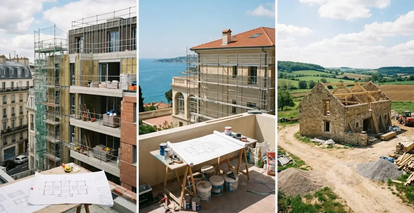 Trois îlots urbains miniatures en vue isométrique représentant les trois types de marchés immobiliers français : métropoles, zones littorales et territoires ruraux