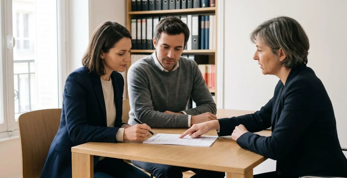 Couple signant un acte notarié pour l'achat d'un terrain en présence d'un notaire dans une étude notariale contemporaine en France.