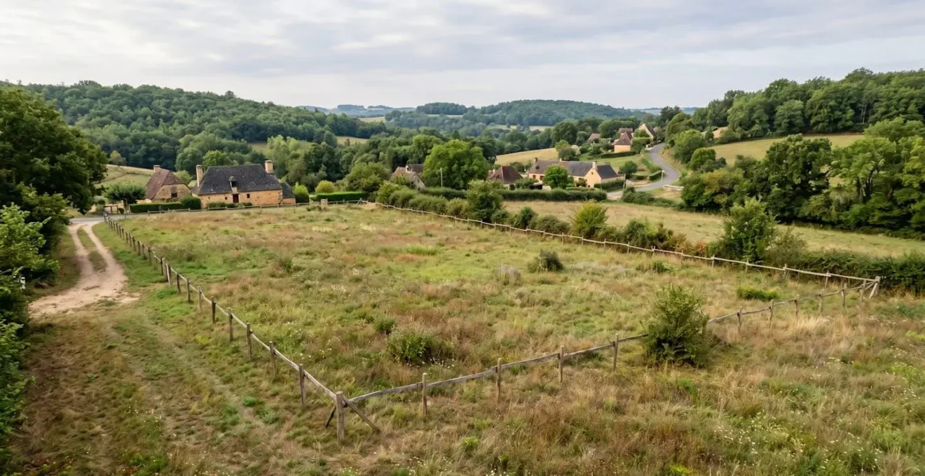 Parcelle de terrain à bâtir délimitée par des piquets en bois, située dans un paysage vallonné du Périgord Noir près de Sarlat-la-Canéda, avec collines boisées et toits en pierre traditionnels en arrière-plan.