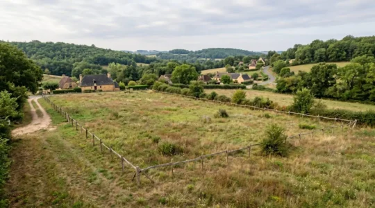 Parcelle de terrain à bâtir délimitée par des piquets en bois, située dans un paysage vallonné du Périgord Noir près de Sarlat-la-Canéda, avec collines boisées et toits en pierre traditionnels en arrière-plan.