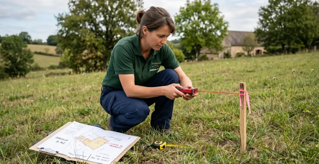 Technicien en immobilier utilisant un mètre laser pour vérifier les dimensions d'un terrain à bâtir en Dordogne, avec un plan cadastral posé à côté de lui.