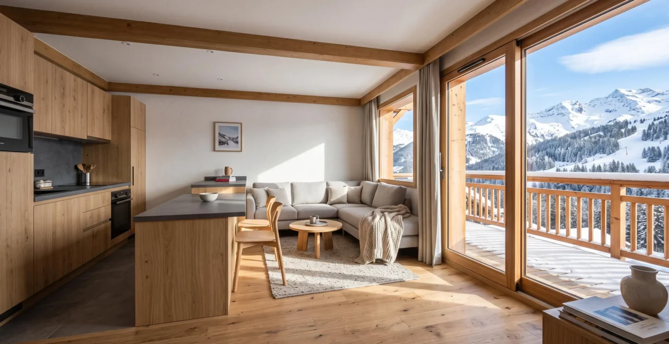 Intérieur d'un appartement de location saisonnière en station de montagne avec vue panoramique sur les Alpes enneigées