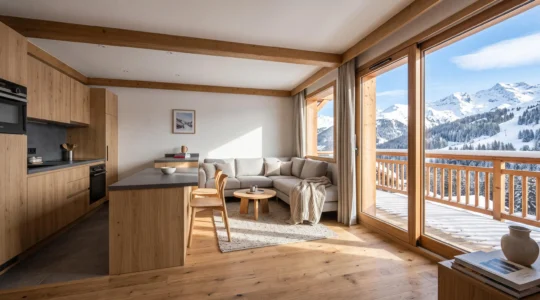 Intérieur d'un appartement de location saisonnière en station de montagne avec vue panoramique sur les Alpes enneigées