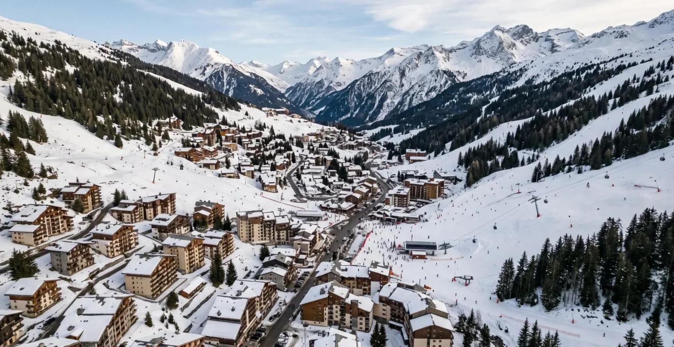 Vue panoramique d'une station de ski française dans les Alpes montrant l'infrastructure résidentielle et les pistes enneigées