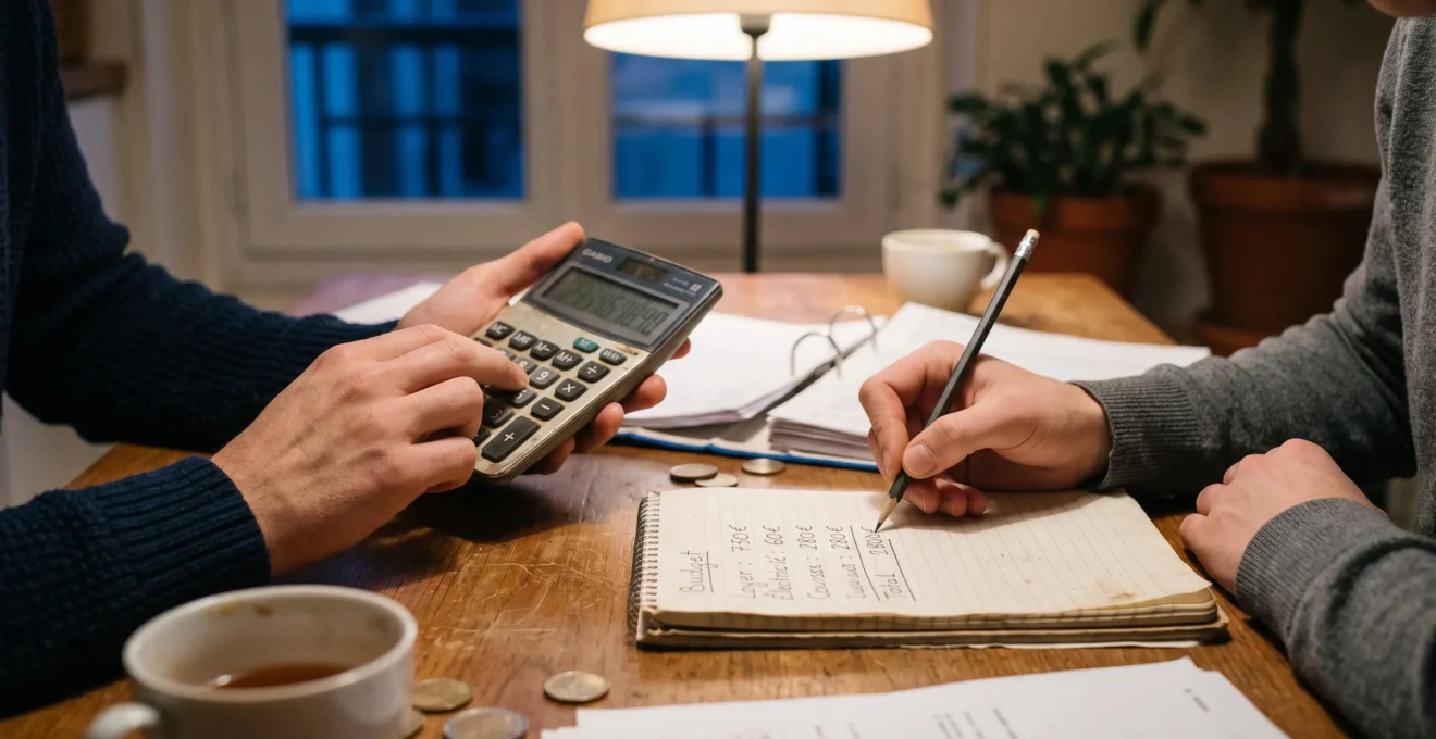 Les mains d'un jeune couple calculent un plan de financement avec une calculatrice sur une table de cuisine.