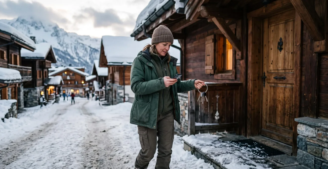 Un gestionnaire local se dirige vers un chalet avec des clés et un smartphone.