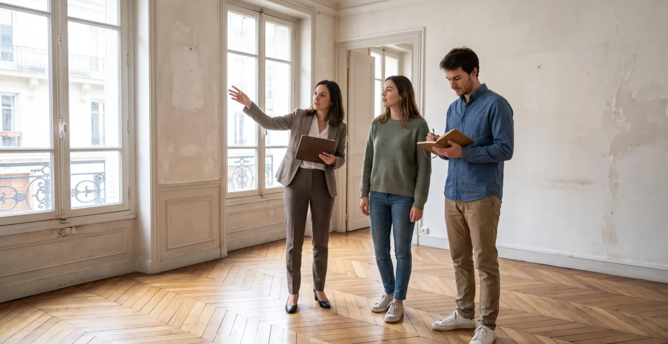 Un jeune couple visite un appartement avec un agent immobilier dans une ville française.