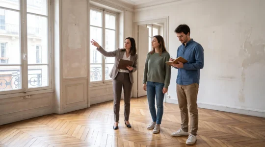 Un jeune couple visite un appartement avec un agent immobilier dans une ville française.