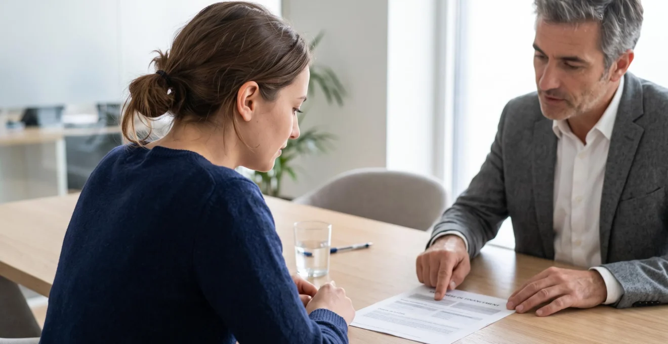 Une jeune femme examine un dossier de financement avec un conseiller bancaire dans une salle de rendez-vous.