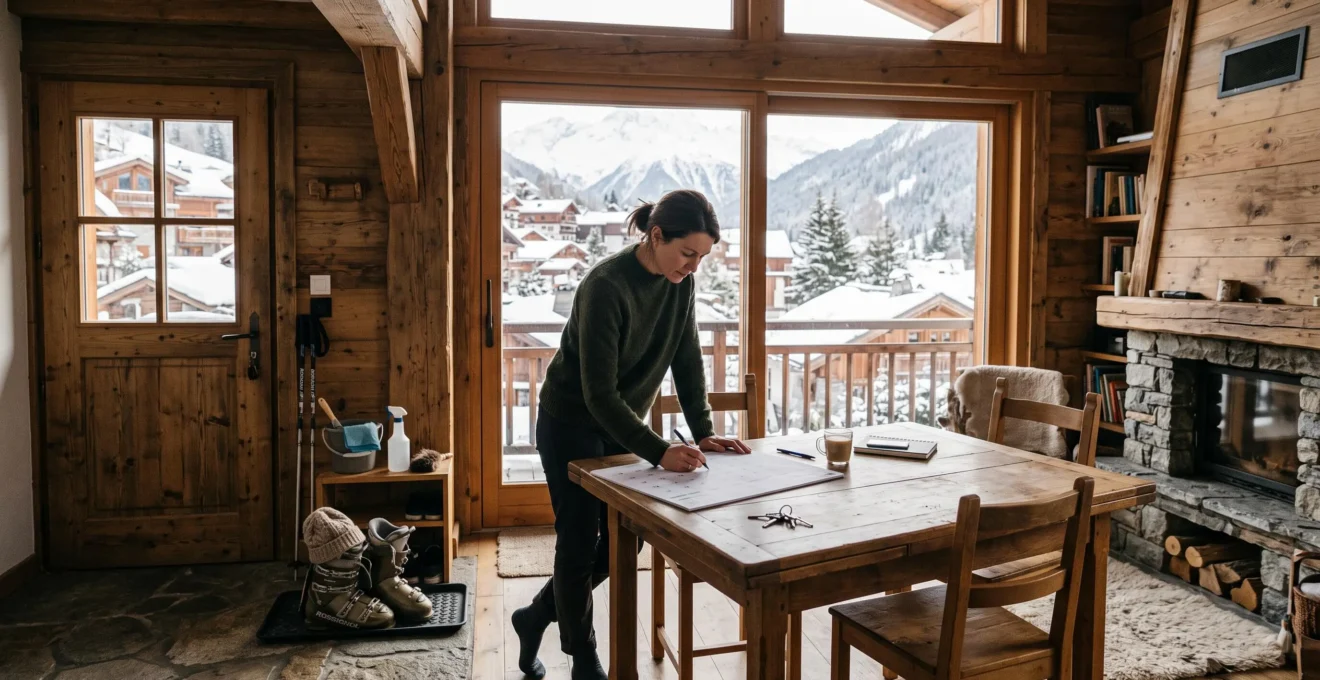 Un propriétaire marque un calendrier dans un chalet avec vue sur les montagnes.
