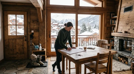 Un propriétaire marque un calendrier dans un chalet avec vue sur les montagnes.